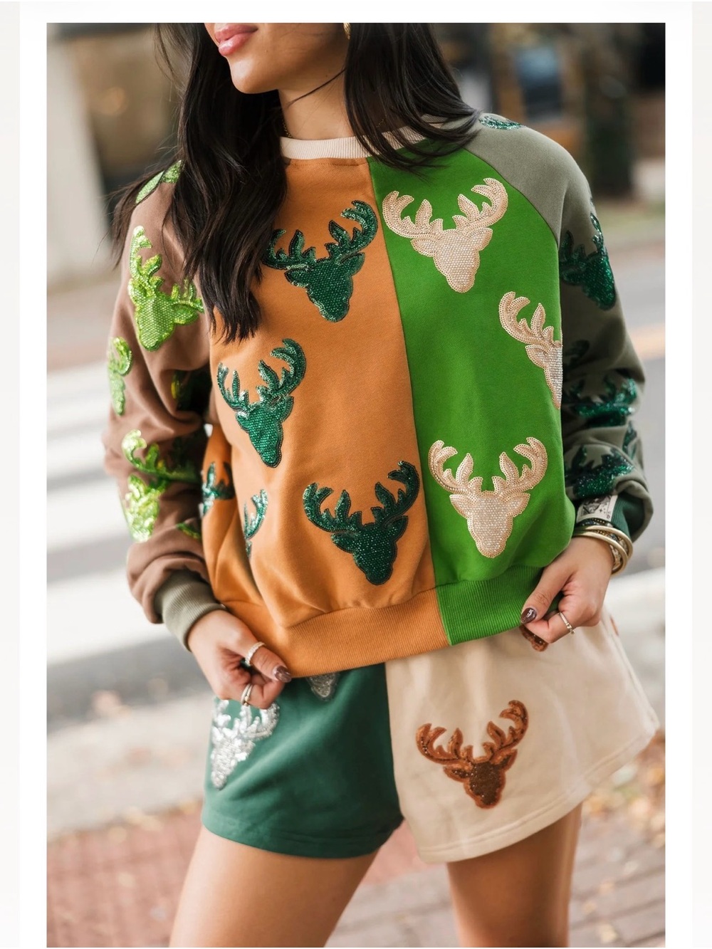 Queen of sparkles rare L Colorblock Sequin Deer Patch Sweatshirt set Green & Tan